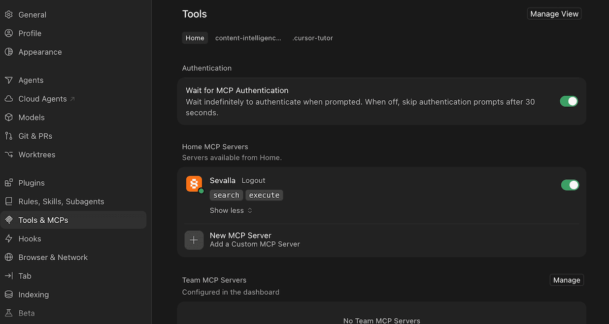Cursor's settings showing the search and execute tools for the Sevalla MCP server