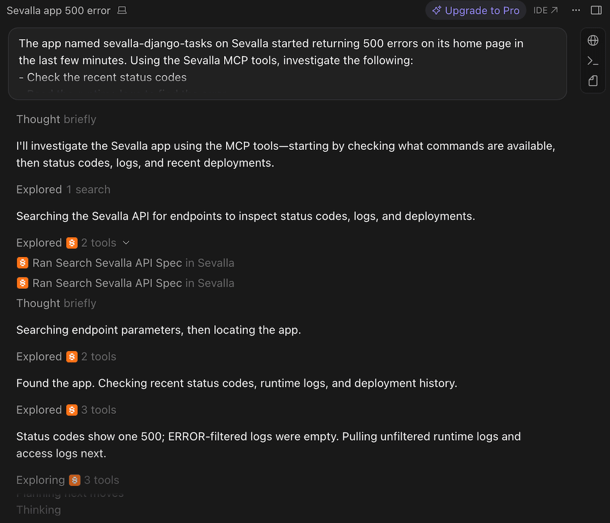 Cursor showing the agent's search tool calls against the Sevalla API