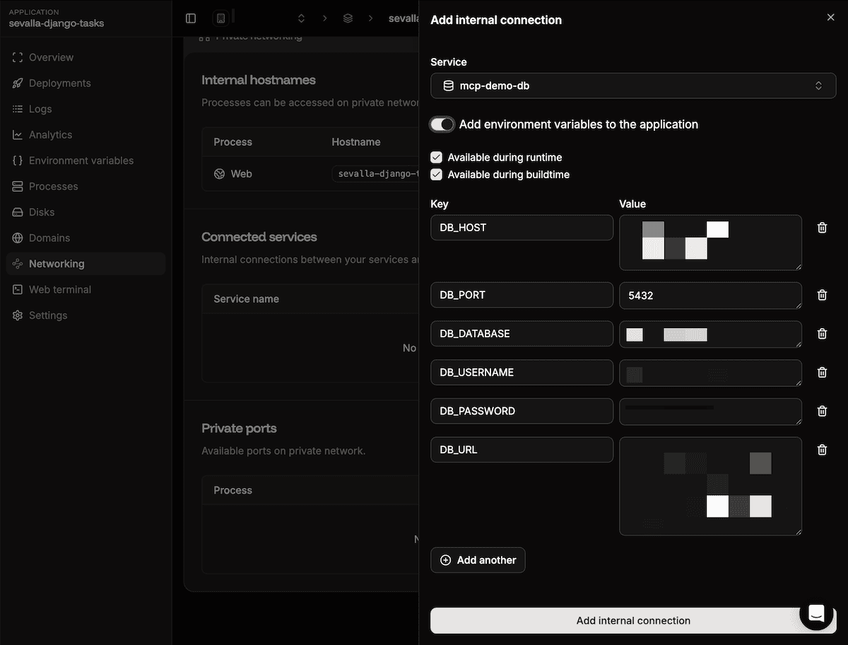 Adding an internal database connection on the application's Networking tab