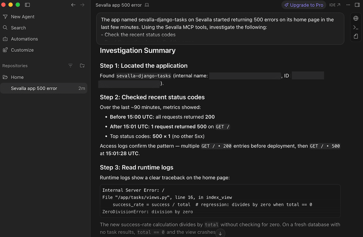 Cursor showing the agent executing a call to pull status code metrics and summarize the investigation