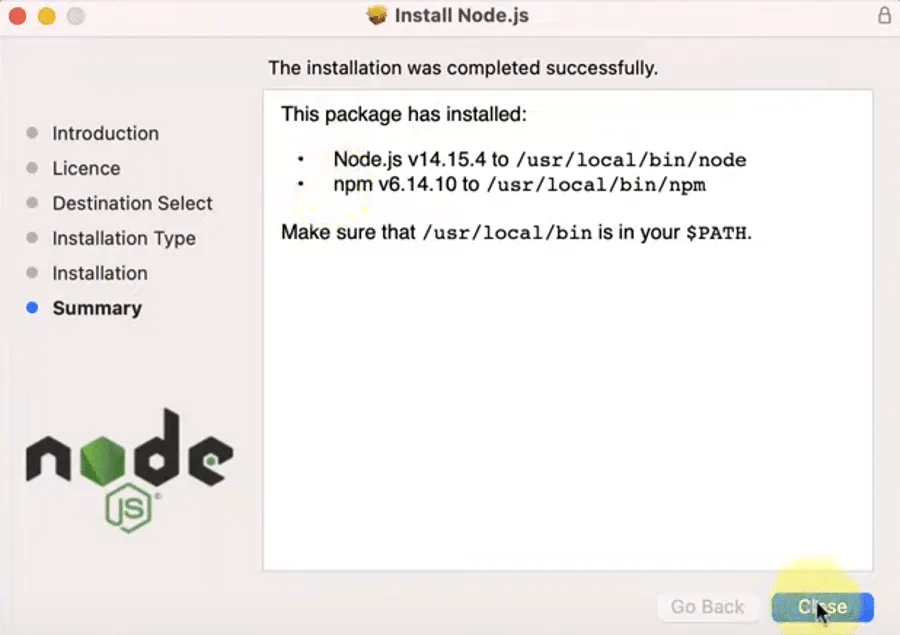 Closing the Node.js installer.