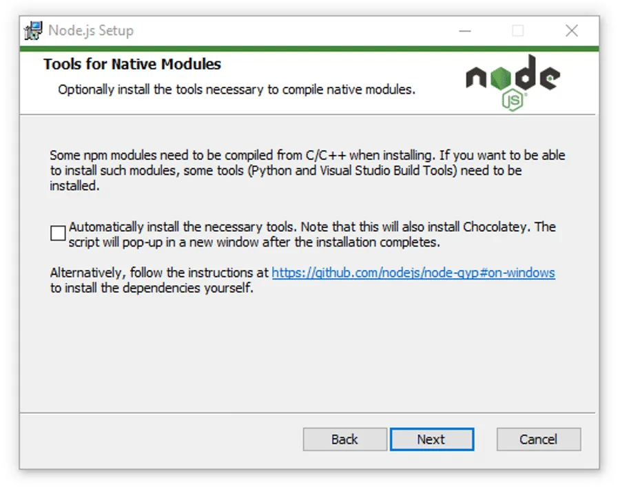Tools for native modules in the Node.js installer.