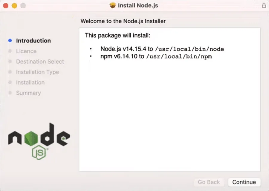Node.js macOS installation properties.