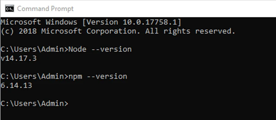 Verifying Node.js installation on Windows.
