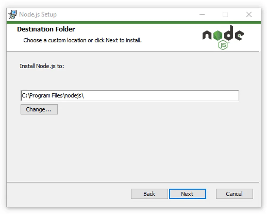Selecting the Node.js installation folder.