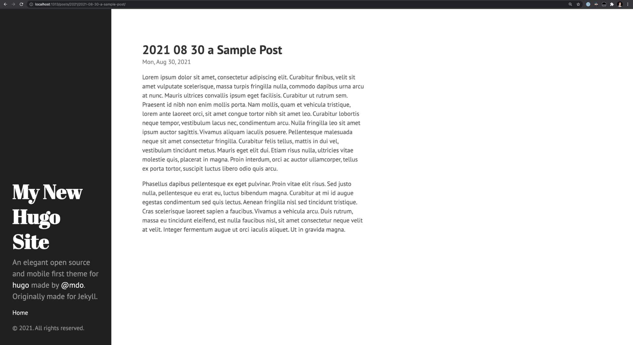 Hugo site with a post.