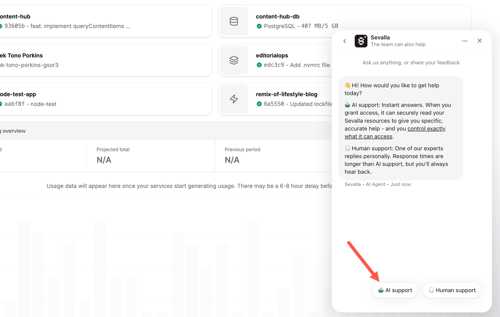 Stella support widget showing AI and human support options
