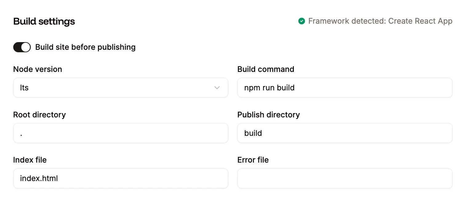 Configuring the build settings for a static site.