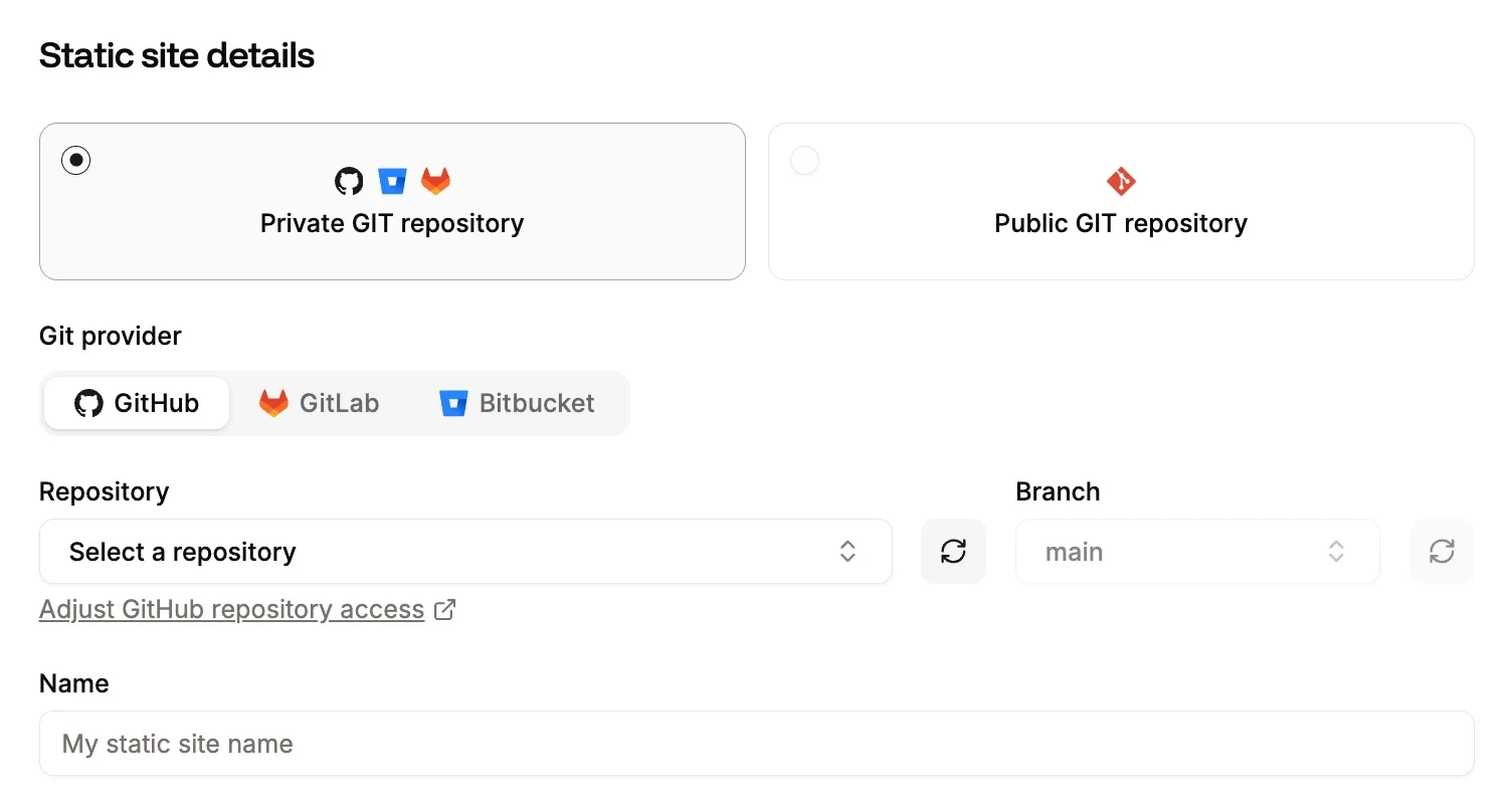 Choosing a Git provider in Sevalla.